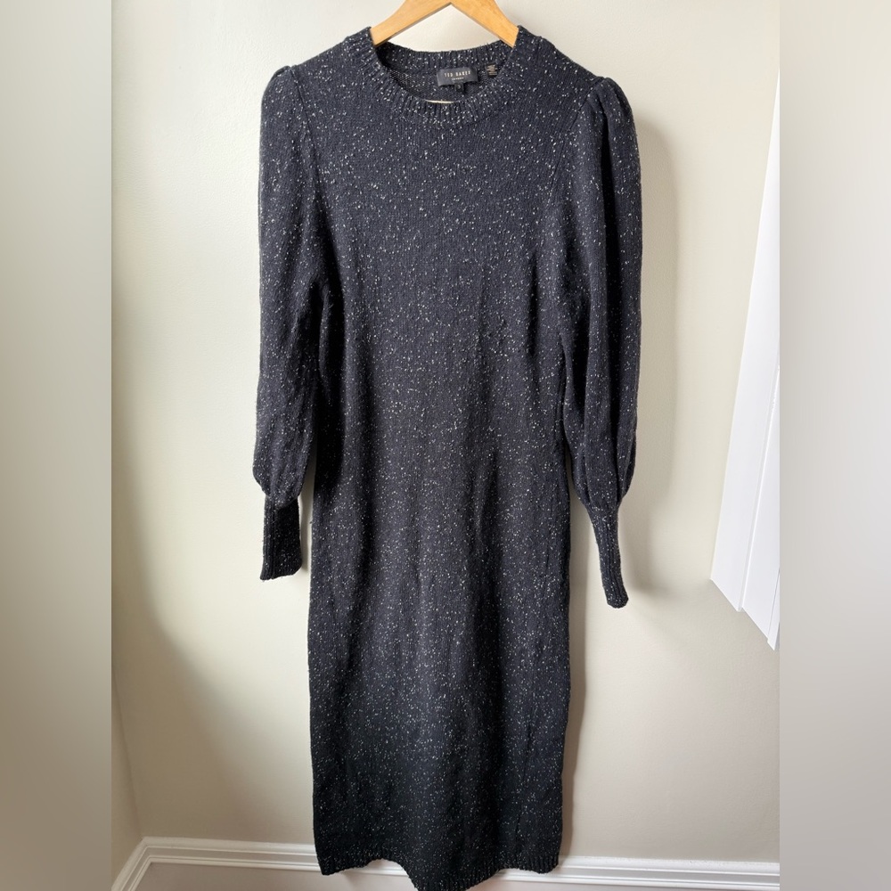TED BAKER Maxi Midi Sweater Dress Wool Blend Puff Sleeves Marled Cozy 3 US 8‎
